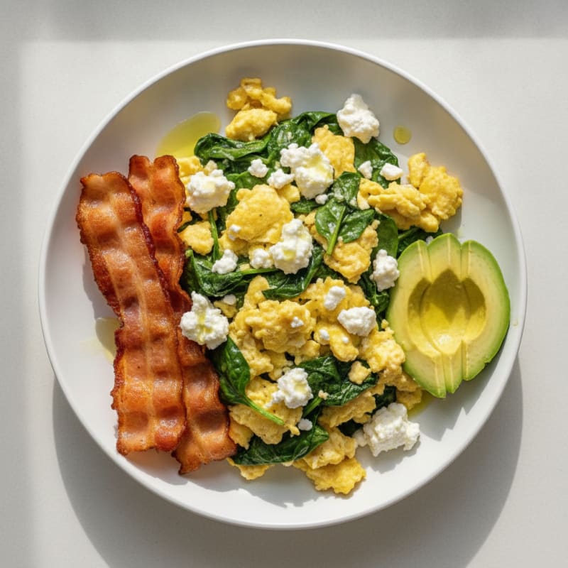 Cottage Cheese Egg Scramble with Spinach and Turkey Bacon