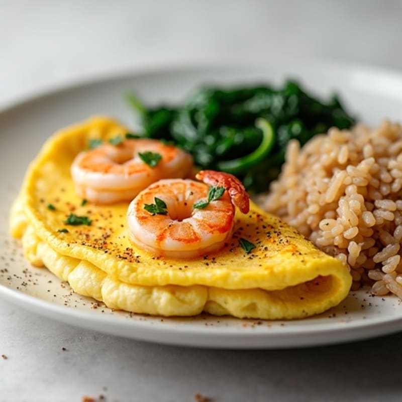 Egg White Shrimp Omelet with Sautéed Spinach and Brown Rice