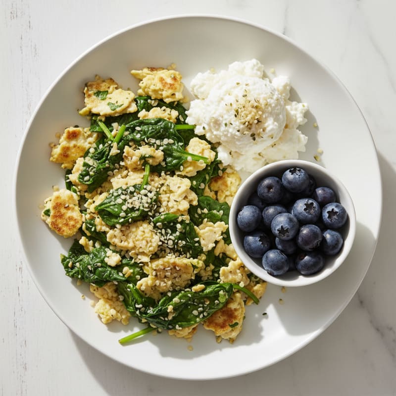 Egg White and Spinach Scramble with Cottage Cheese and Fresh Berries