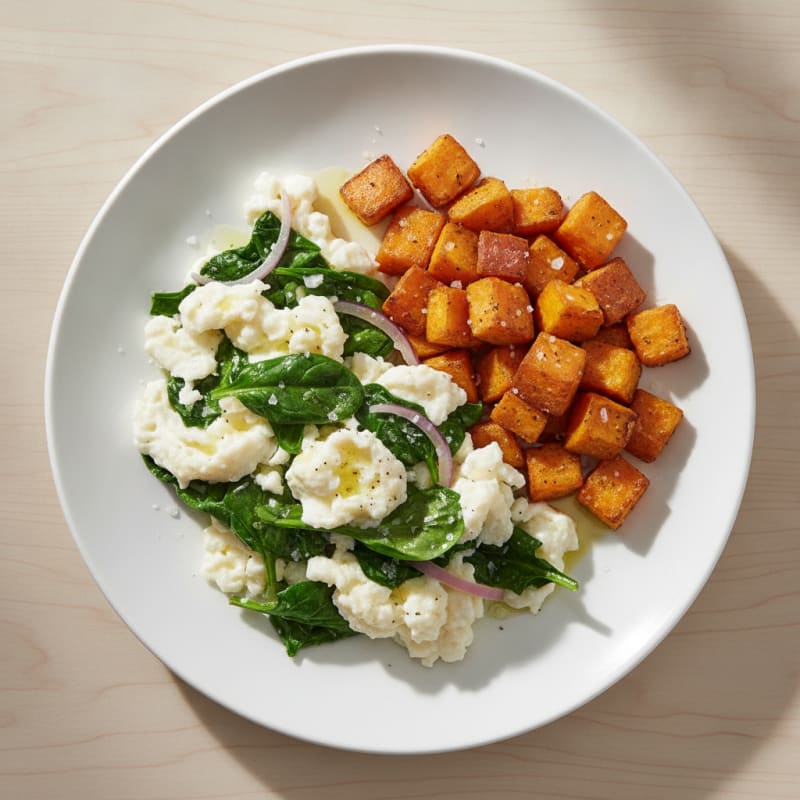 Egg White and Spinach Scramble with Roasted Sweet Potato