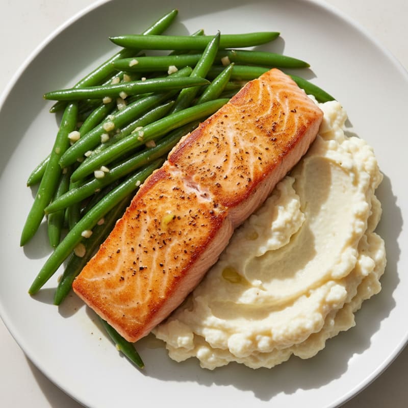 Seared Salmon with Garlic Green Beans and Cauliflower Mash