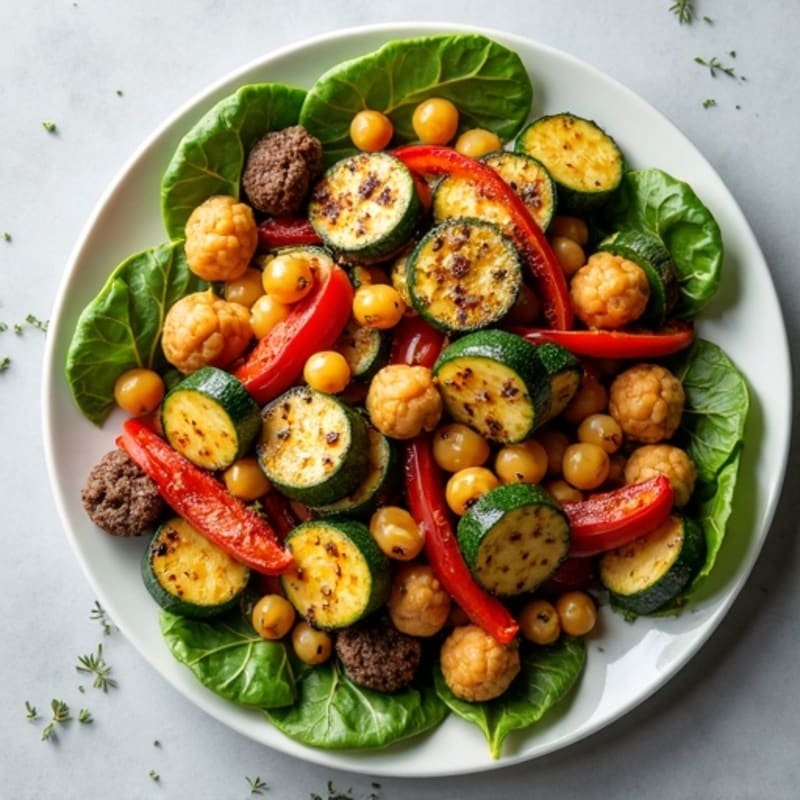 Fresh Herb Roasted Eggplant, Zucchini, and Bell Peppers with Chickpeas and Tofu