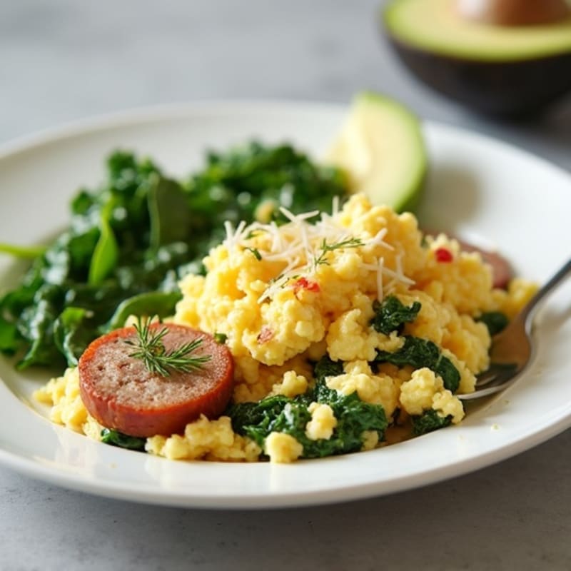 Egg White Scramble with Turkey Sausage and Sautéed Spinach