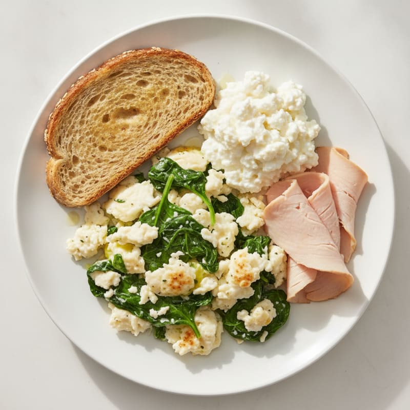 Egg White Spinach Scramble with Cottage Cheese and Sliced Turkey