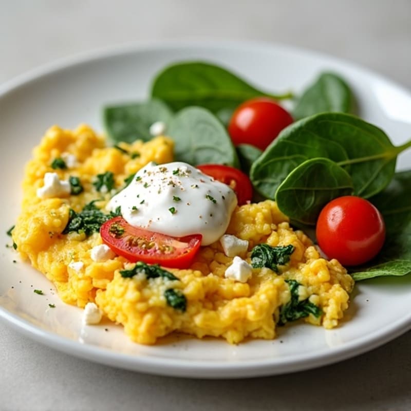 Quick Fluffy Scrambled Eggs with Fresh Spinach and Cherry Tomatoes
