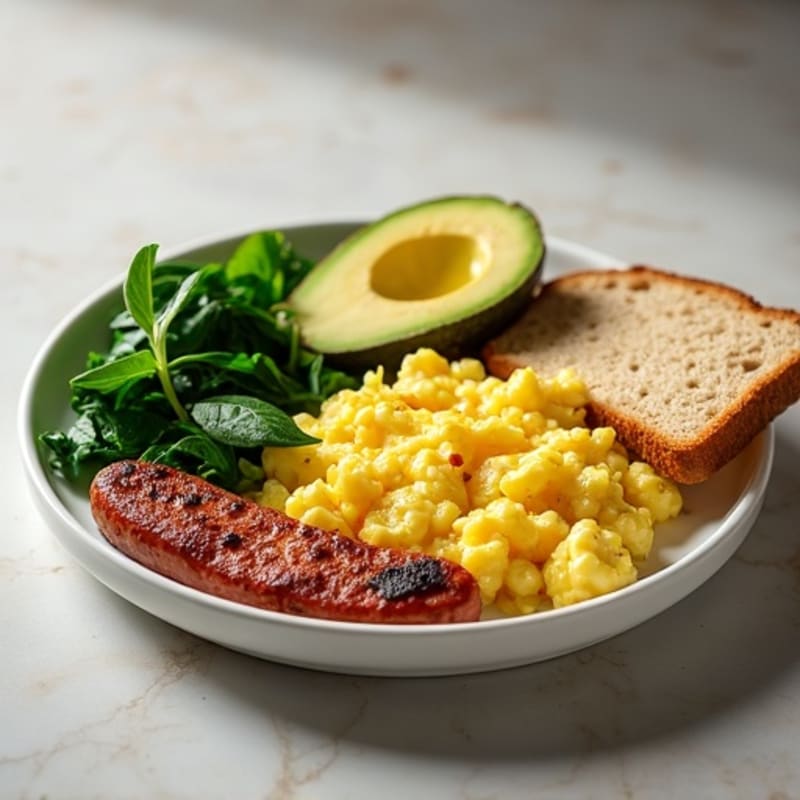Egg White Scramble with Turkey Sausage and Sautéed Spinach