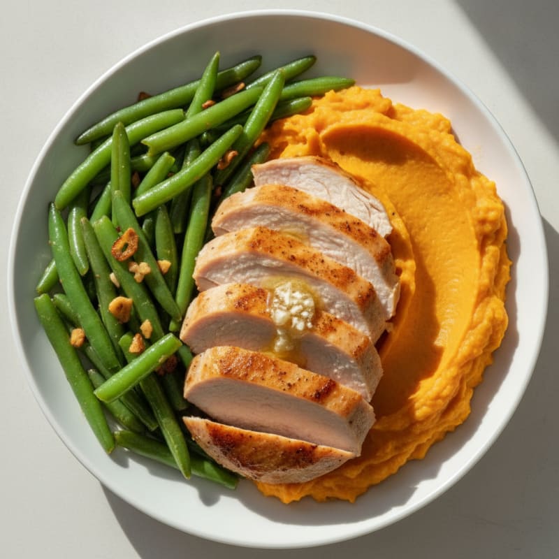 Seared Turkey Breast with Garlic Green Beans and Sweet Potato Mash