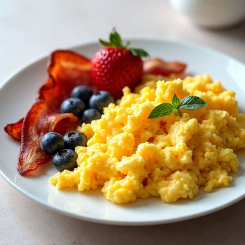 Fluffy Scrambled Eggs with Crispy Turkey Bacon and Fresh Berries