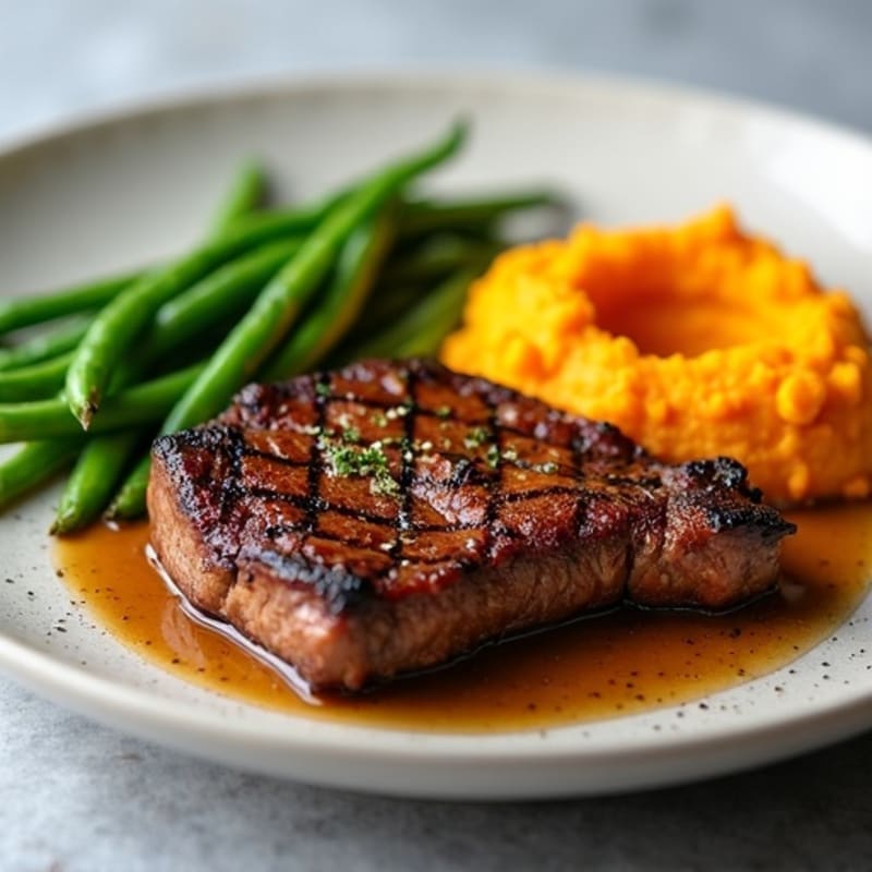 Seared Steak with Steamed Green Beans and Sweet Potato Mash
