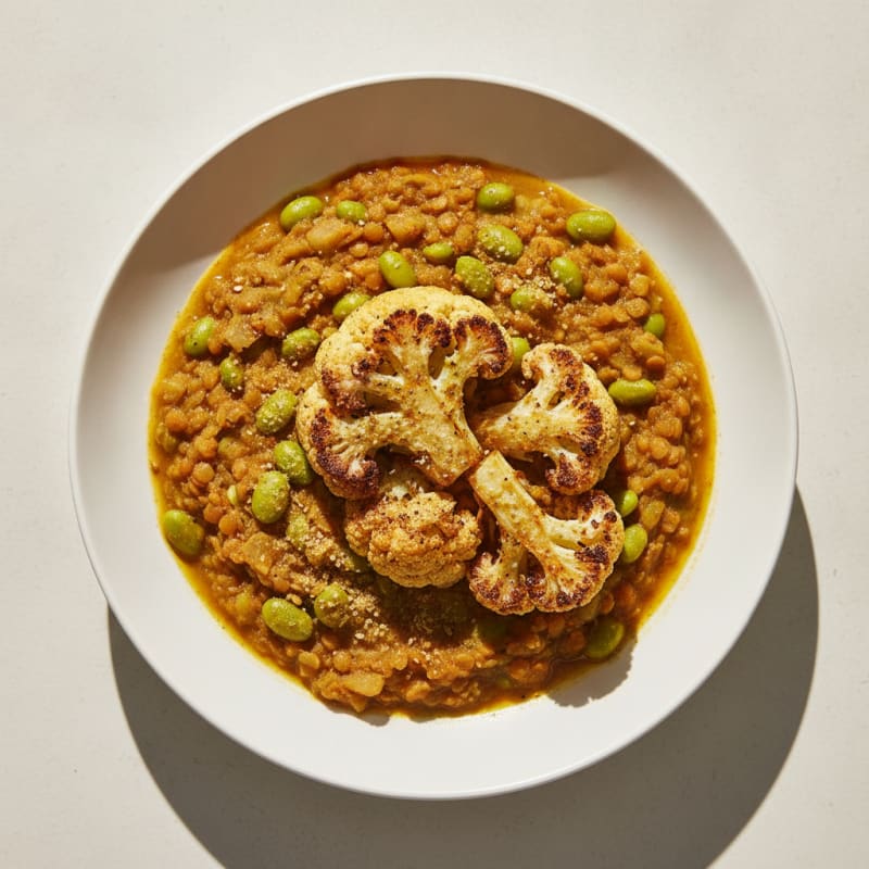 Lentil and Edamame Stew with Roasted Cauliflower