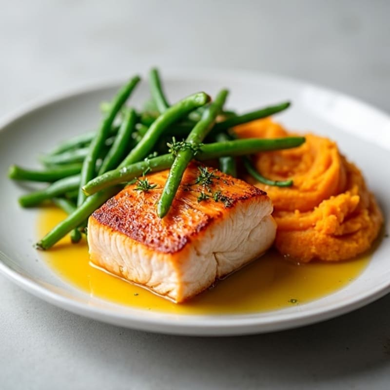Seared Salmon Fillet with Steamed Green Beans and Mashed Sweet Potatoes