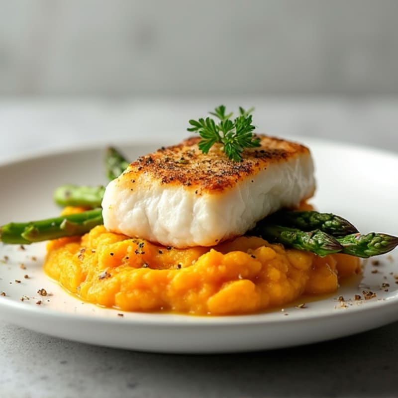 Pan Seared Cod with Steamed Asparagus and Sweet Potato Mash