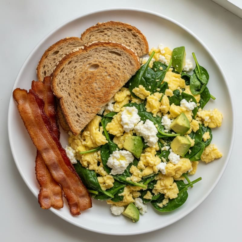 Cottage Cheese Scramble with Spinach and Turkey Bacon