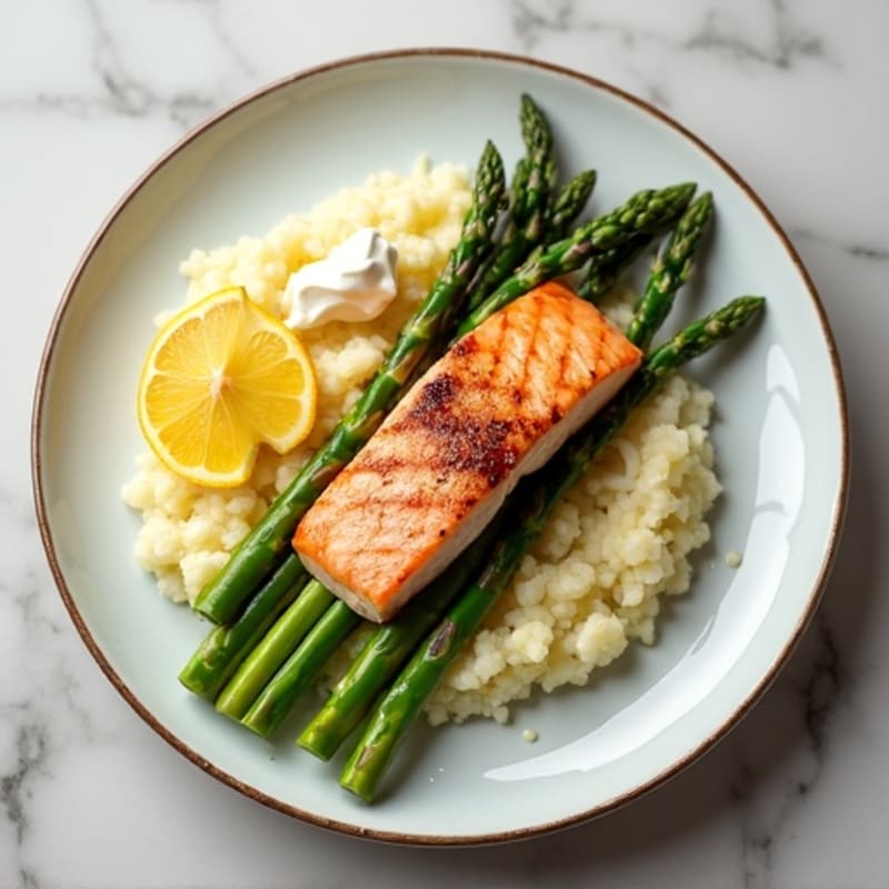 Seared Salmon Fillet with Steamed Asparagus and Cauliflower Mash