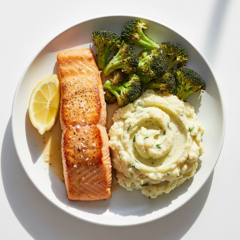 Seared Salmon with Roasted Broccoli and Garlic Mashed Potatoes