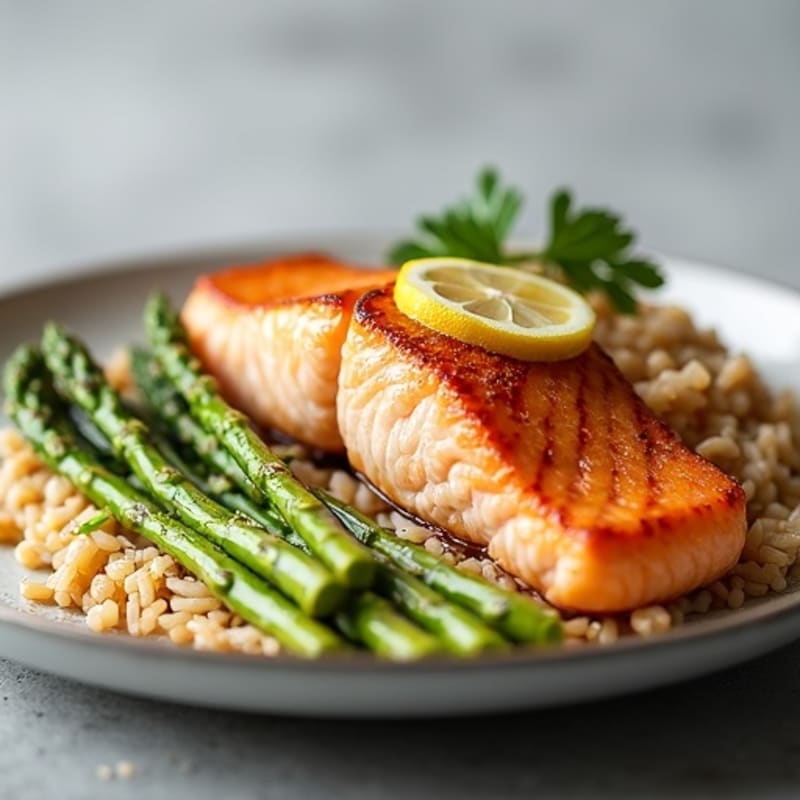 Seared Salmon with Steamed Asparagus and Brown Rice