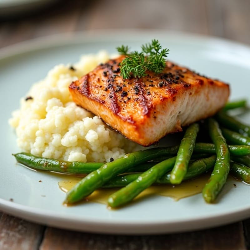 Seared Salmon with Garlic Green Beans and Cauliflower Mash