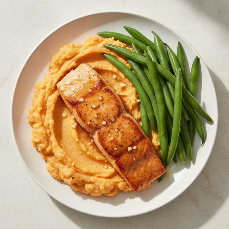 Seared Salmon with Steamed Green Beans and Garlic Mash