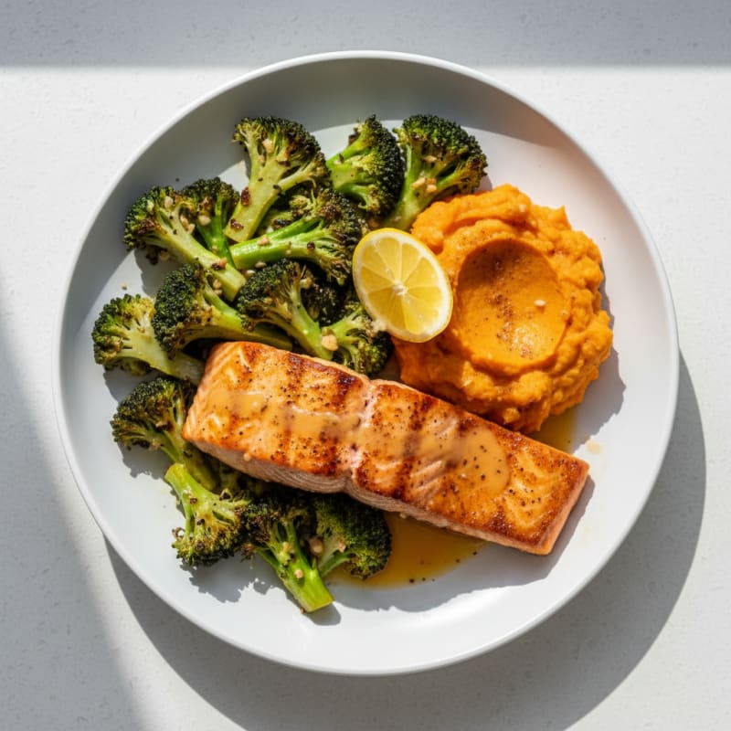 Seared Salmon with Roasted Broccoli and Sweet Potato Mash