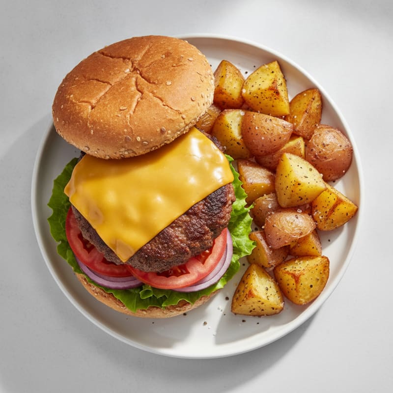 Classic Beef Burger with Roasted Potatoes
