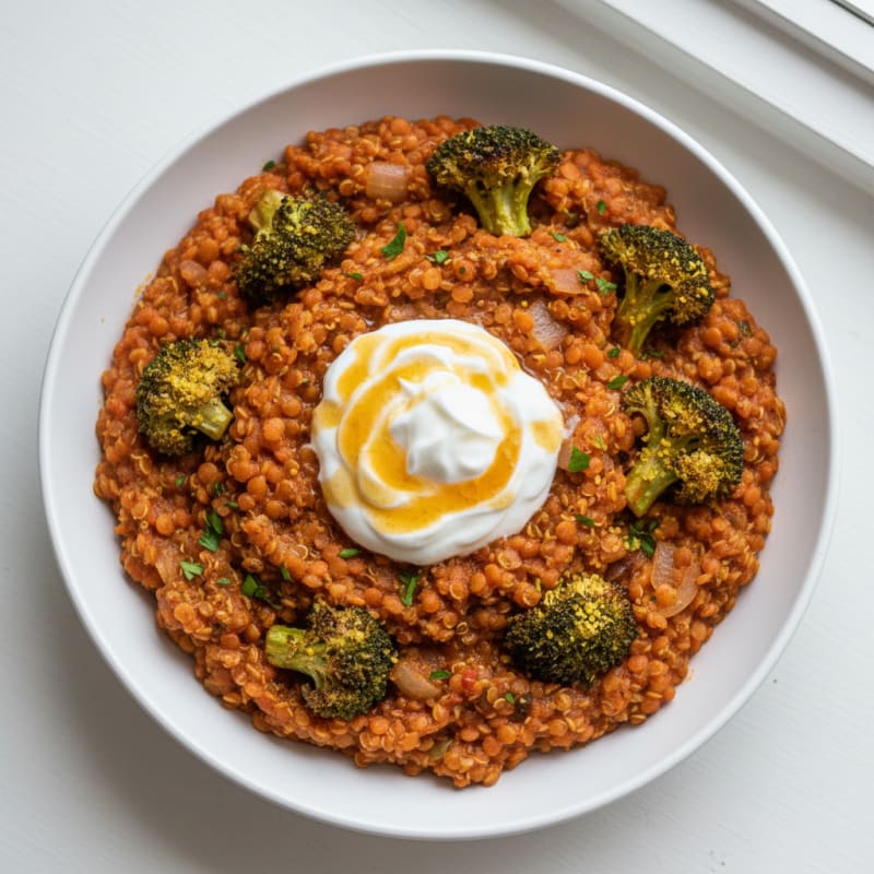 Creamy Lentil and Quinoa Stew with Roasted Broccoli
