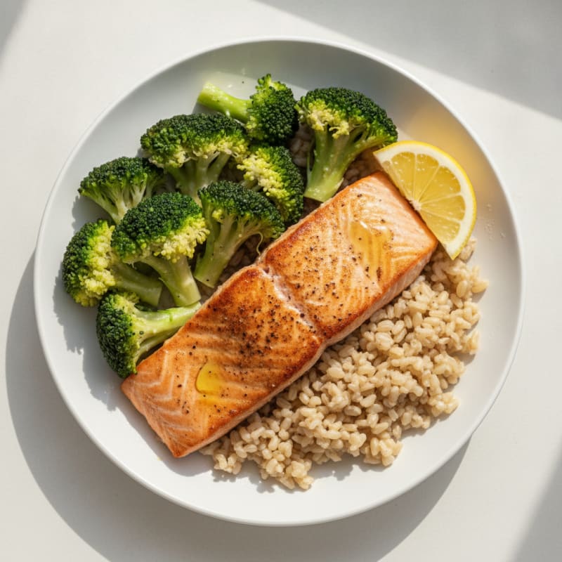 Seared Salmon with Steamed Broccoli and Brown Rice