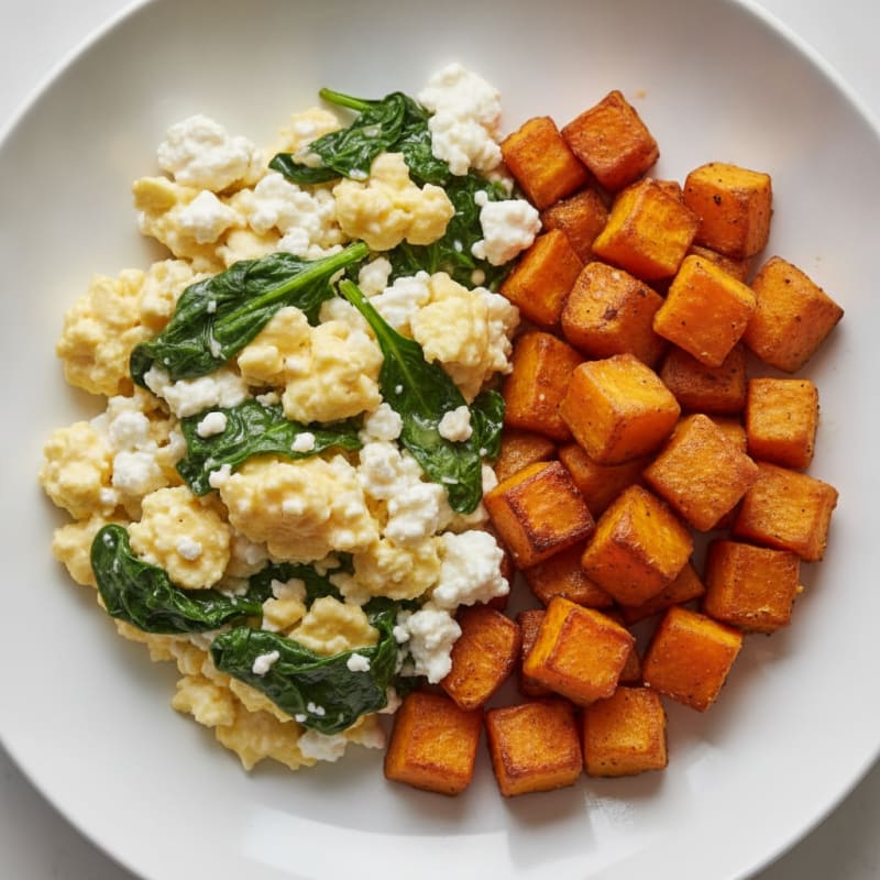 Cottage Cheese Egg Scramble with Spinach and Roasted Sweet Potato