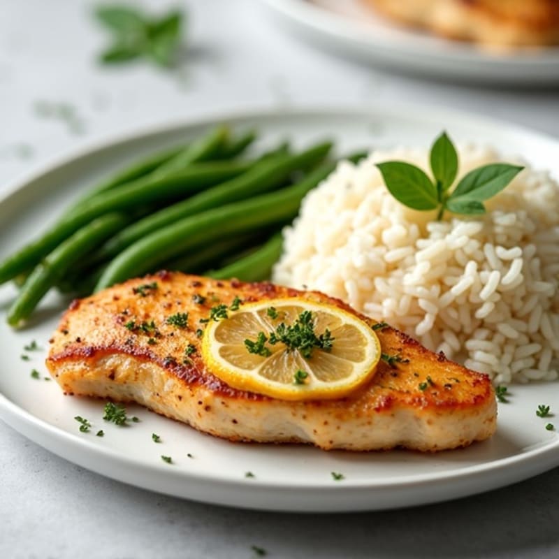 Pan-Seared Lemon Herb Chicken Breast with Fluffy White Rice and Roasted Green Beans