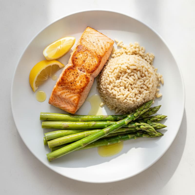 Seared Salmon with Steamed Asparagus and Brown Rice