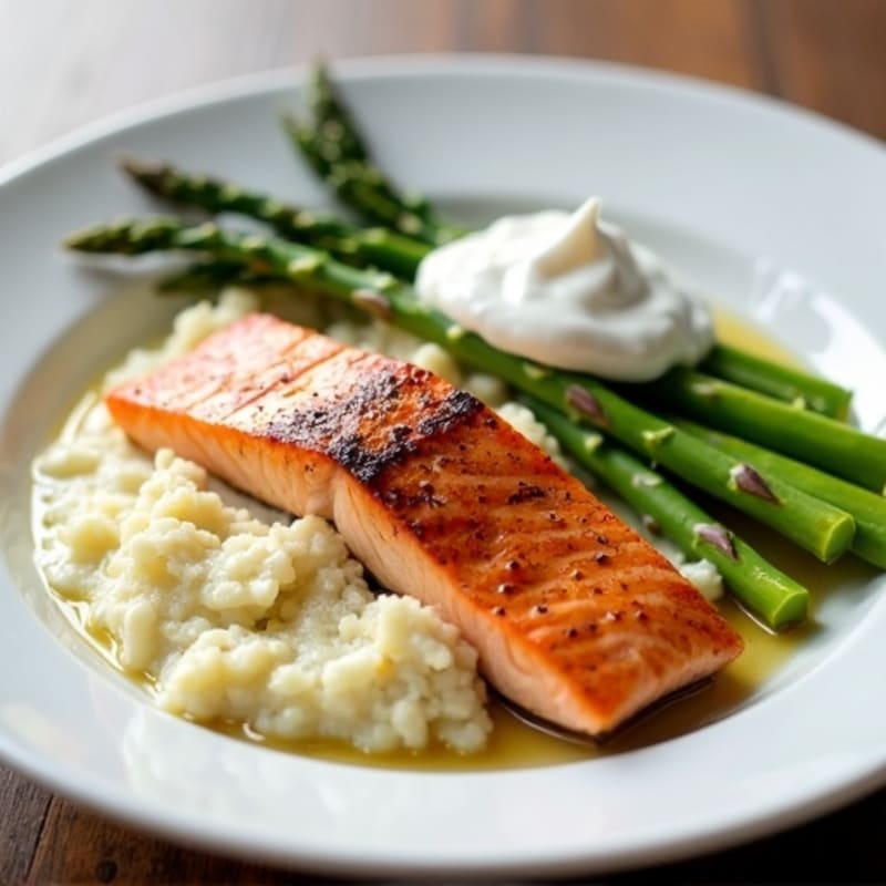 Seared Salmon with Steamed Asparagus and Cauliflower Mash