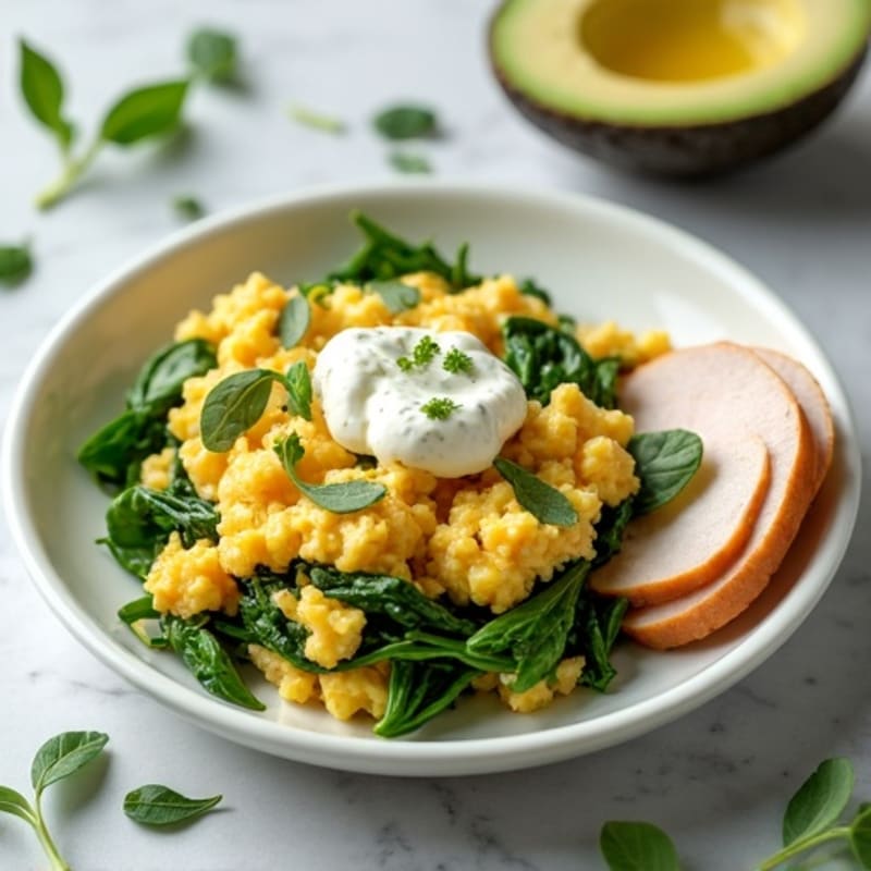 Egg White and Spinach Scramble with Cottage Cheese and Sliced Turkey