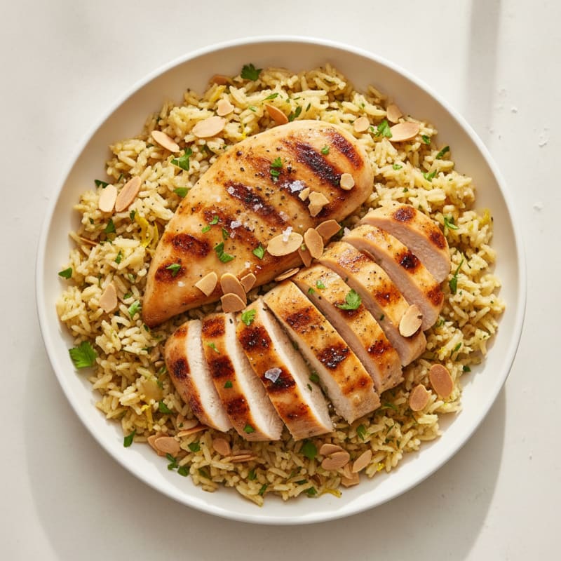 Lemon Herb Rice Pilaf with Toasted Almonds and Grilled Chicken