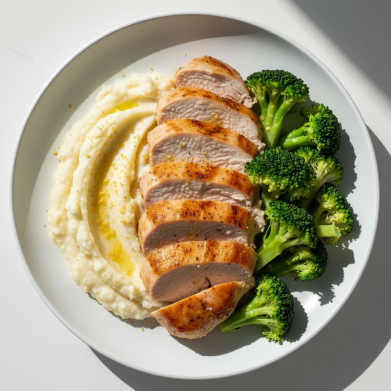 Seared Turkey Breast with Steamed Broccoli and Cauliflower Mash