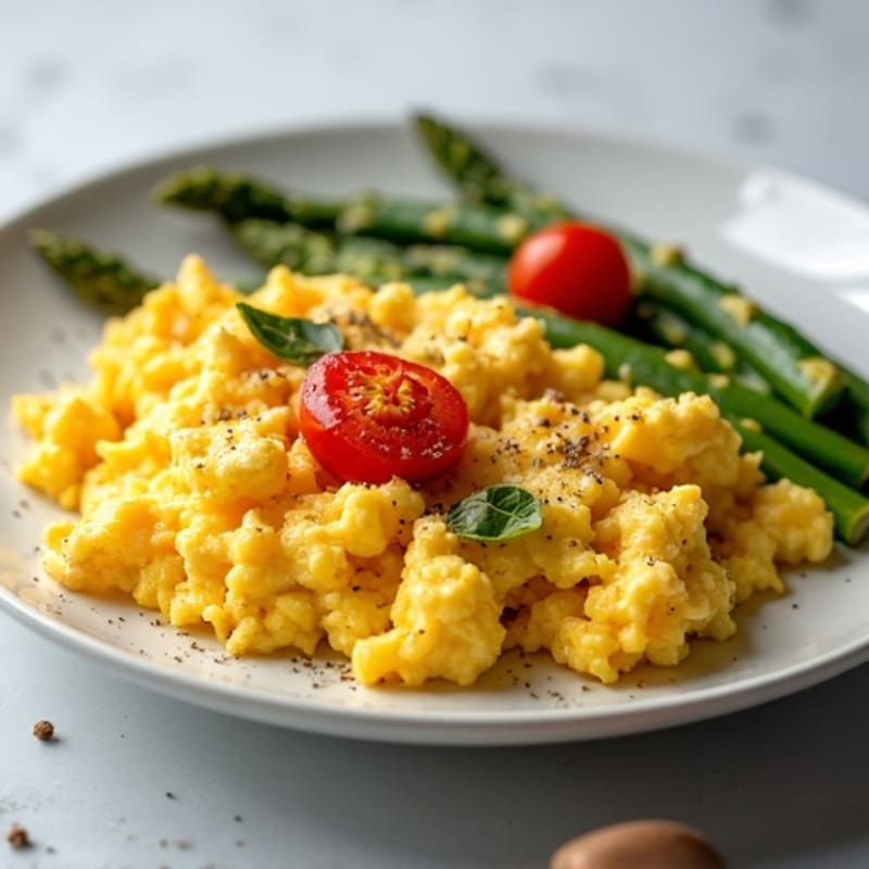 Fluffy Scrambled Eggs with Roasted Asparagus and Cherry Tomatoes