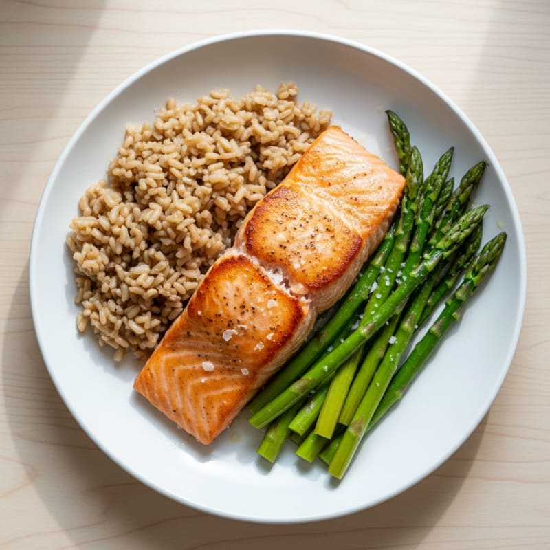 Seared Salmon with Steamed Asparagus and Brown Rice