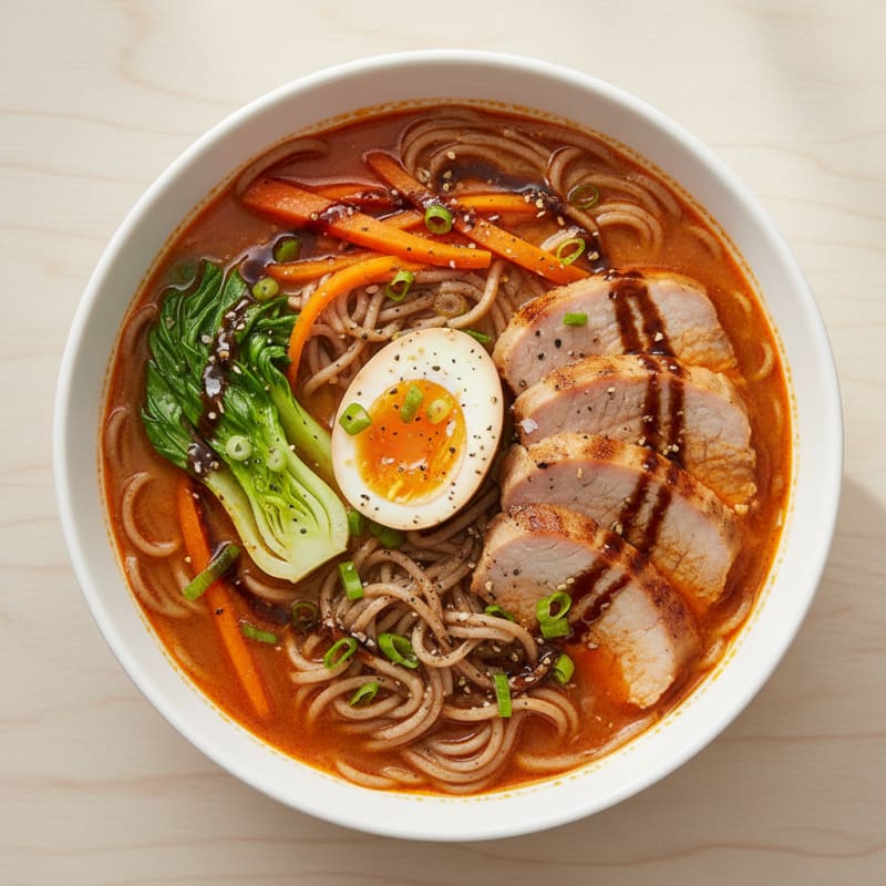 Spicy Sriracha Pork Ramen with Crispy Vegetables