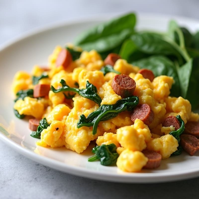 Fluffy Egg Scramble with Lean Turkey Sausage and Fresh Spinach
