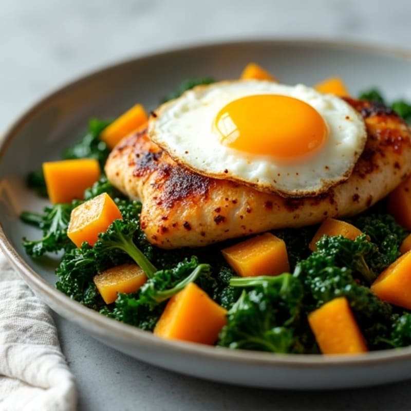 Sheet Pan Roasted Chicken and Kabocha Squash with Sautéed Greens and Fried Egg