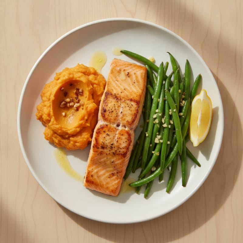 Seared Salmon Fillet with Garlic Green Beans and Sweet Potato Mash