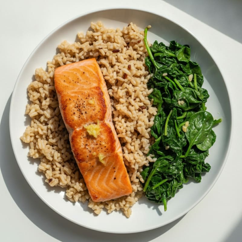 Seared Salmon with Brown Rice and Sautéed Spinach