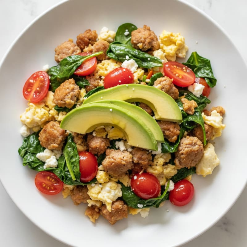 Egg White and Turkey Sausage Scramble with Spinach and Tomatoes