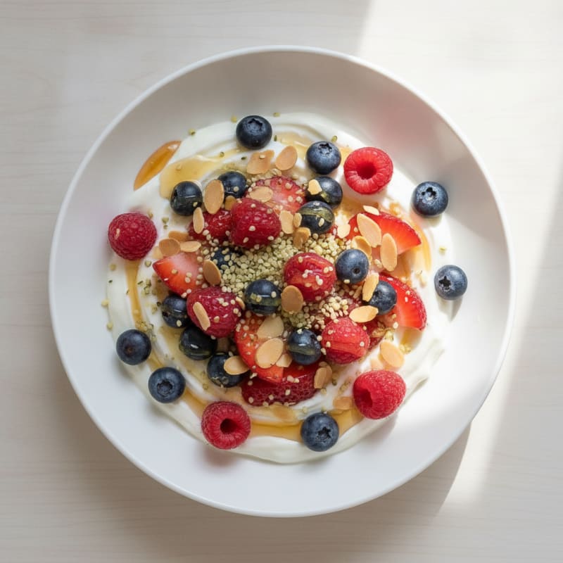 Silky Greek Yogurt Bowl with Mixed Berries and Hemp Seeds