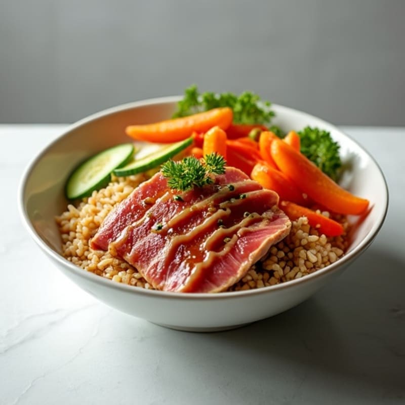 Fresh Tuna with Sesame-Ginger and Crunchy Vegetable Rice Bowl