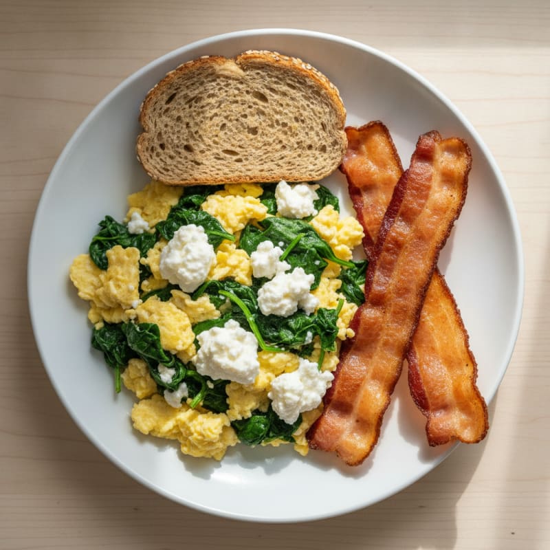 Cottage Cheese Scramble with Spinach and Turkey Bacon
