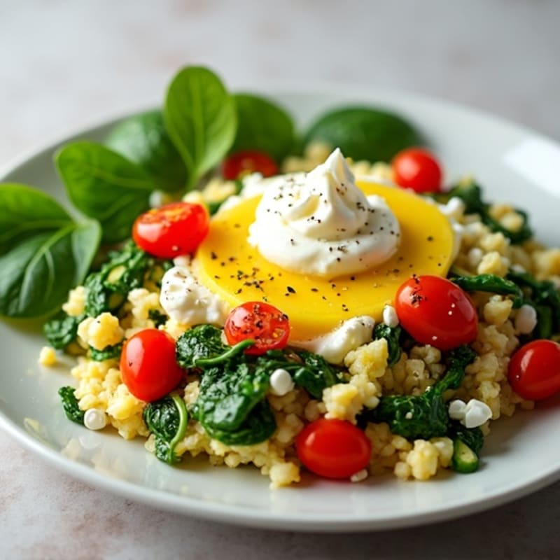 Egg White Spinach Scramble with Cottage Cheese and Cherry Tomatoes
