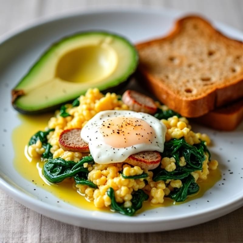 Egg White and Turkey Sausage Scramble with Spinach and Cottage Cheese