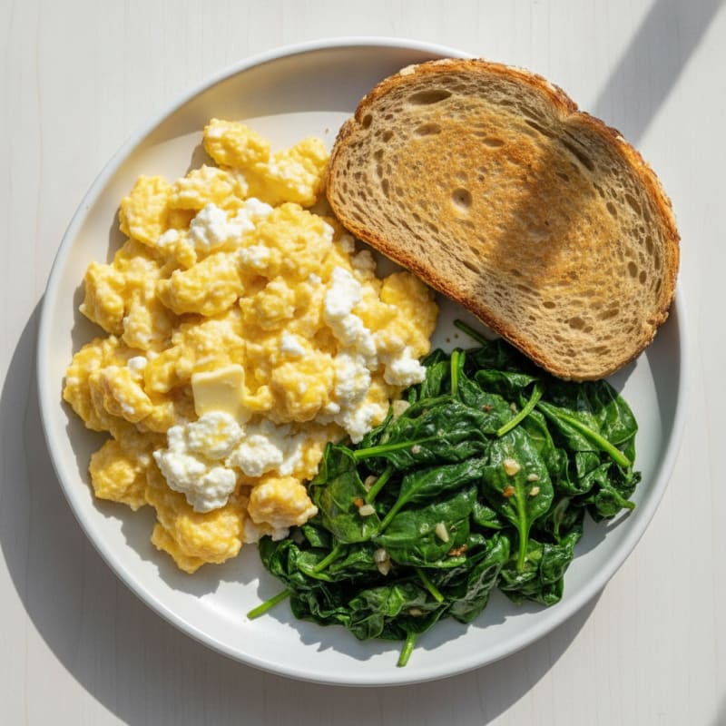 Scrambled Eggs with Cottage Cheese and Sautéed Spinach