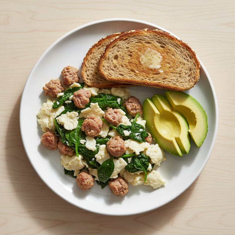 Egg White Scramble with Turkey Sausage and Sautéed Spinach