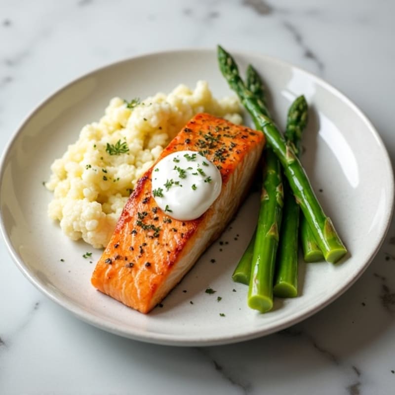 Seared Salmon with Steamed Asparagus and Garlic Cauliflower Mash