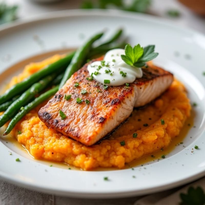 Seared Salmon Filet with Garlic Green Beans and Sweet Potato Mash